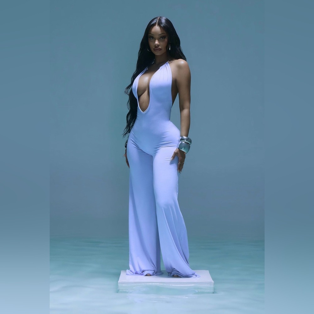 Fashion Nova Powder Blue Plunge Halter Wide-Leg Jumpsuit